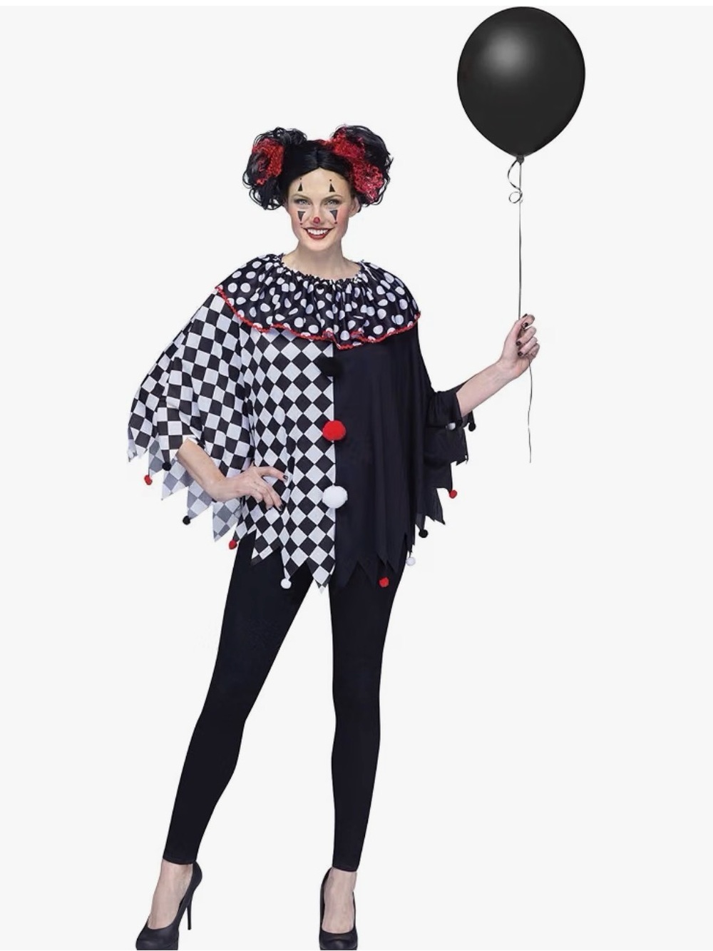 Women’s Harlequin Jester Clown Costume Black White Red Halloween